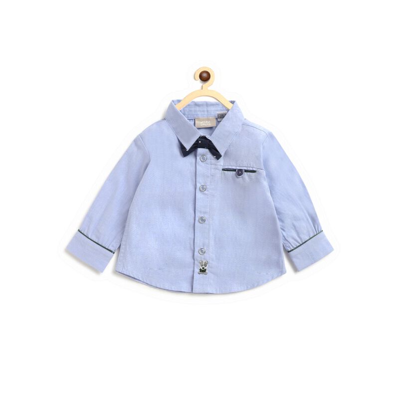 Long Sleeve Cotton  Shirt - Blue , With Bow image number null